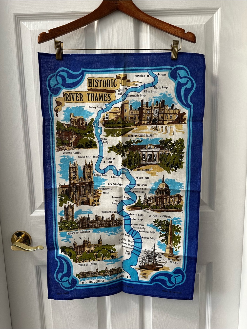 Vtg Pure Irish Linen Historic River Thames Map Tea Towel Ulster Reg 5376